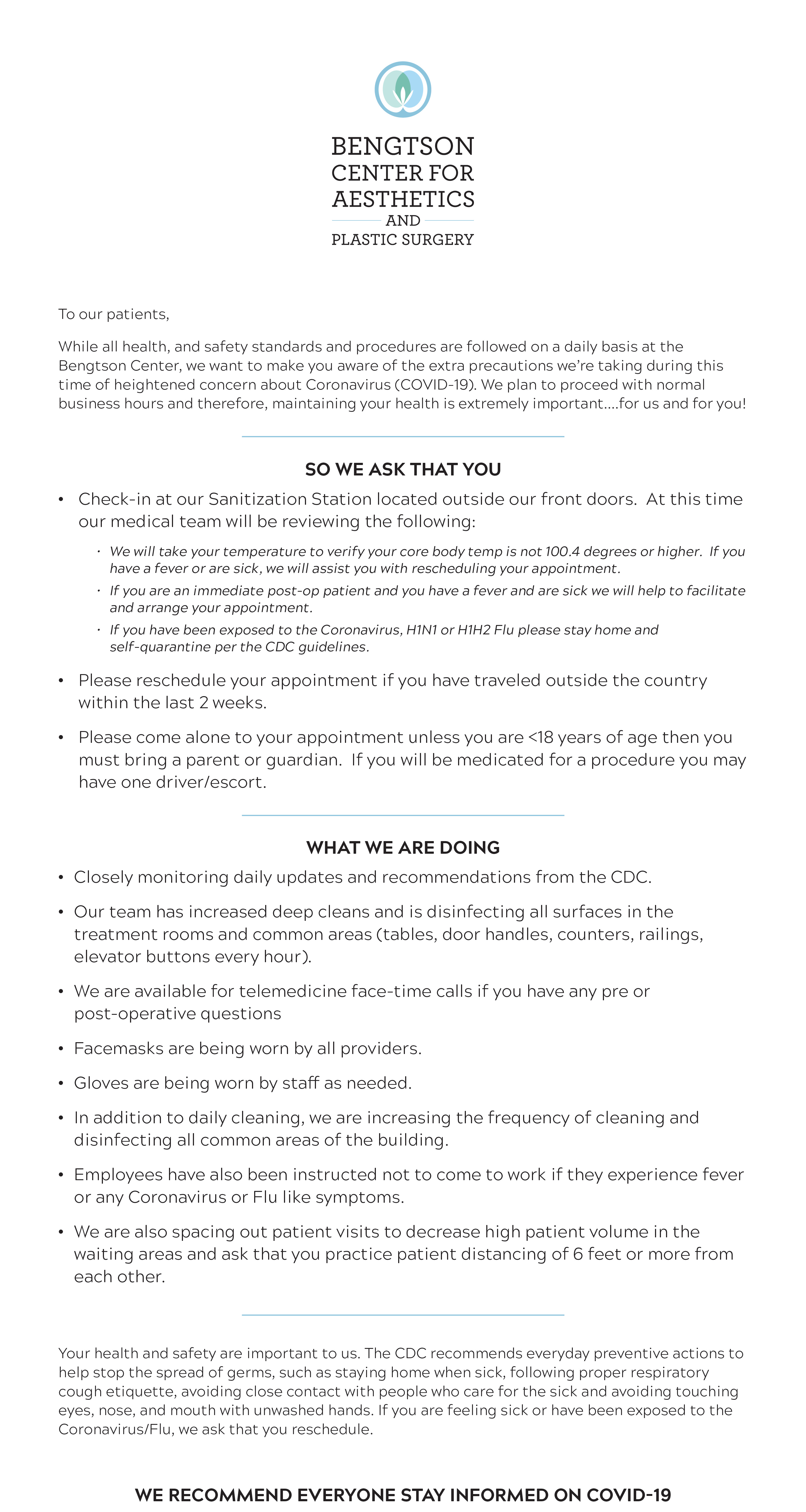 Coronavirus letter from the bengtson center for aesthetics and plastic surgery